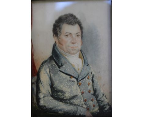 A 19TH CENTURY PORTRAIT MINIATURE OF A SEATED GENTLEMAN IN A BLUE COAT, in fruitwood frame, unsigned, framed and glazed, 8.5 