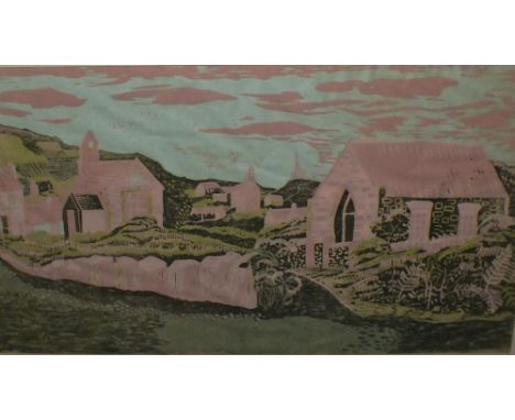 JOAN E. WOOLLARD. A modernist moorland village scene, signed in pencil and dated 1964 lower right, coloured lithograph on pap