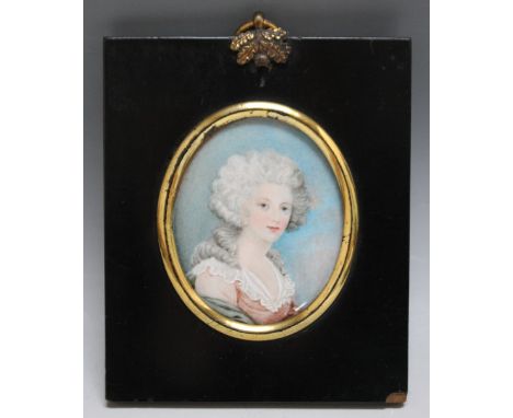 A NINETEENTH CENTURY OVAL PORTRAIT MINIATURE  OF A LADY IN A PINK AND WHITE DRESS, in a black frame with acorn finial, unsign