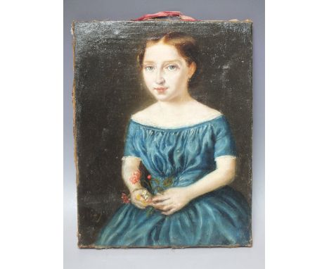 NINETEENTH CENTURY CONTINENTAL SCHOOL, a portrait study of a young girl holding a small bunch of flowers, indistinctly signed