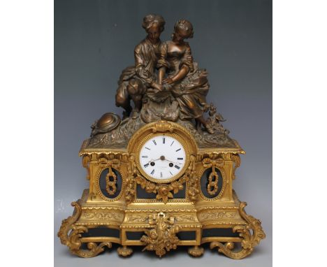 A LARGE 19TH CENTURY FRENCH GILT MANTEL CLOCK, with figurative surmount, the enamel dial signed F L Hausberg A Paris, H 50 cm