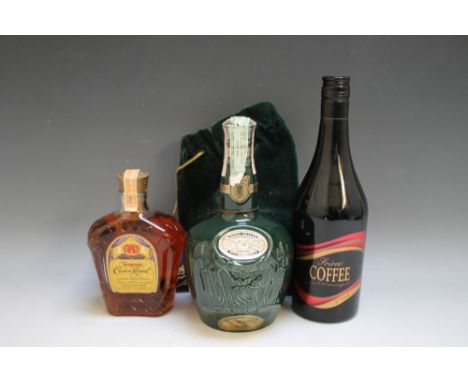 1 SEALED WADE CERAMIC DECANTER OF CHIVAS ROYALE SALUTE 21 YEARS OLD, together with a half bottle of Seagram's Crown Royal dat