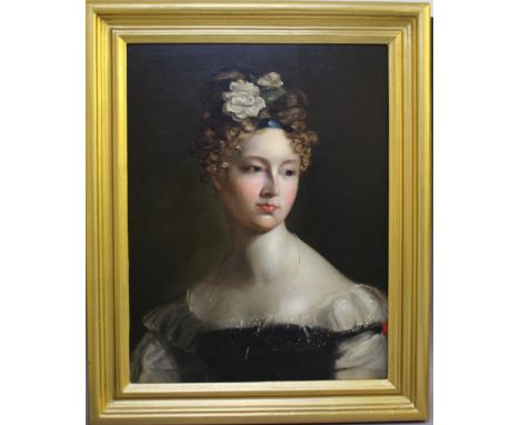 A NINETEENTH CENTURY PORTRAIT STUDY OF YOUNG REGENCY WOMAN, unsigned, oil on canvas laid on board, framed, 55 x 42 cm