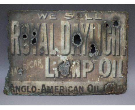 A VINTAGE ENAMEL ADVERTISING SIGN FOR THE ANGLO-AMERICAN OIL Co. Ltd., 'We #sell Royal Daylight American Lamp Oil', H 37 cm, 