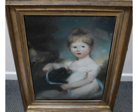 ENGLISH SCHOOL (XIX). Portrait of a young girl with a dog, pastels, gilt framed and glazed, 59 x 45 cm