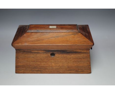 A 19TH CENTURY ROSEWOOD SARCOPHAGUS SHAPED TEA CADDY, the hinged lid opening to a part fitted interior, W 32 cm  S/DCondition