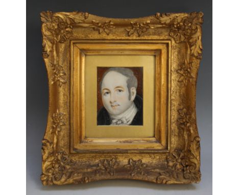 A LATE 19TH / EARLY 20TH CENTURY PORTRAIT MINIATURE OF A GENTLEMAN WITH WHITE CRAVAT, in a gilt swept frame, unsigned, framed
