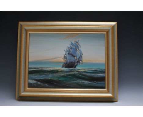 A. D. BELL. Seascape at sunset with sailing vessel in a heavy swell 'On into The Night', see verso,signed and dated 1939 lowe