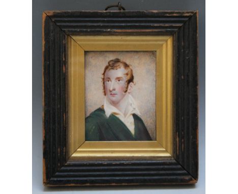 A LATE 19TH CENTURY PORTRAIT MINIATURE OF A GENTLEMAN IN A GREEN COAT, in a black wooden framed, unsigned, framed and glazed,