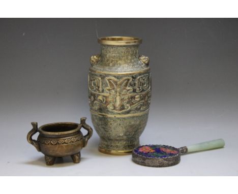 AN ANTIQUE CHINESE BRONZE BALUSTER VASE, H 15.5 cm, together with a small bronze censor and a jade handled enamelled small ha