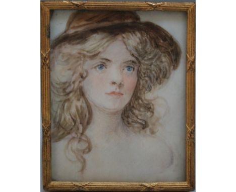 A 20TH CENTURY MINIATURE PORTRAIT STUDY OF A GIRL WITH BLONDE HAIR WEARING A HAT, in a gilt metal frame, unsigned, framed and