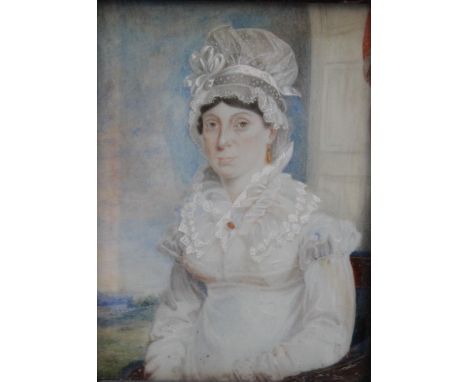 A LATE 19TH CENTURY PORTRAIT MINIATURE OF A LADY IN A WHITE DRESS AND BONNET, in a fruitwood frame, unsigned, framed and glaz