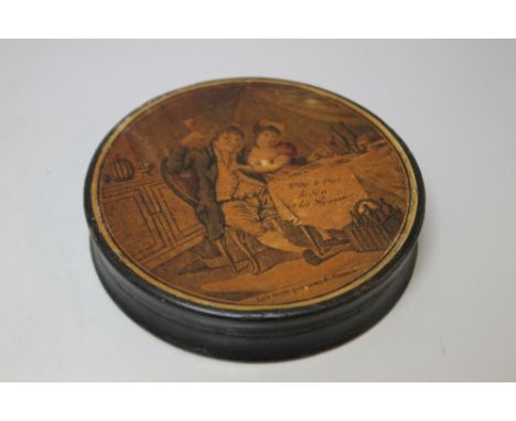 A FRENCH STYLE PAPIER MACHE SNUFF BOX, Dia 8.75 cm