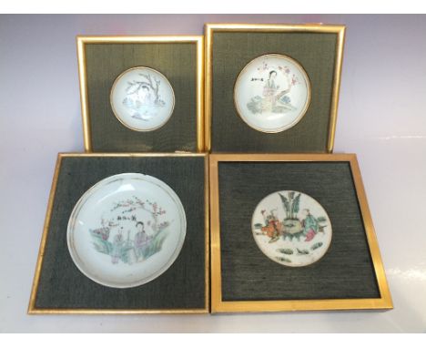 A SET OF THREE FRAMED ORIENTAL FAMILLE ROSE CERAMIC BOWLS, each with hand painted figural decoration, the largest Dia. 13.7 c