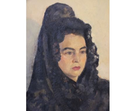 AN EARLY 20TH CENTURY IMPRESSIONIST PORTRAIT STUDY OF A SPANISH LADY IN BLACK NATIONAL DRESS, unsigned, oil on canvas, framed