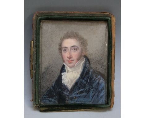 A 19TH CENTURY OVAL PORTRAIT MINIATURE OF A GENTLEMAN IN A BLUE COAT WITH WHITE CRAVAT, in leather case, A/F, unsigned, frame
