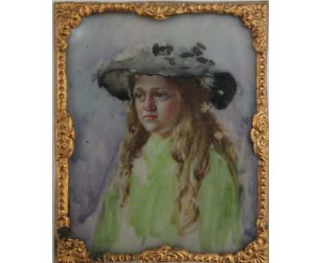 A 20TH CENTURY PORTRAIT MINIATURE OF A YOUNG GIRL WEARING A HAT, in decorative gilt metal frame, unsigned, framed and glazed,