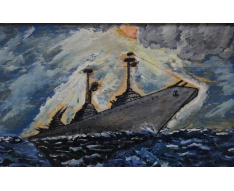 A TWENTIETH CENTURY IMPRESSIONIST STORMY SEASCAPE WITH BATTLESHIP, unsigned, oil on board, framed, 19 x 30 cm