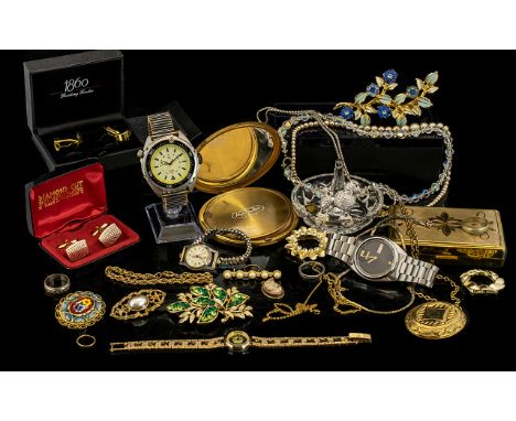 A Mixed Collection of Costume Jewellery to include a musical compact, cufflinks, Vanity Fair compact, wrist watch, beads etc