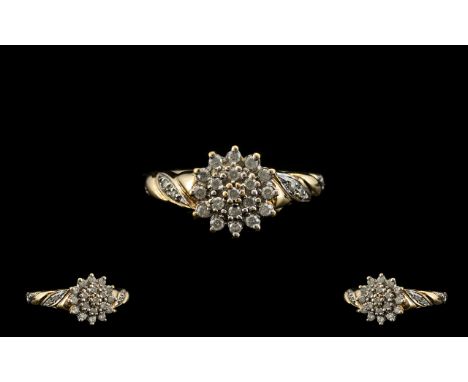 Ladies 9ct Gold Diamond Cluster Ring - Flower head Design. Marked 9.375. Diamond Weight 0.26 pts, Marked to Interior of Shank