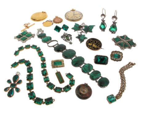 A collection of jewellery, including a pair of 19th century green and white paste-set drop earrings, reputed to have been own