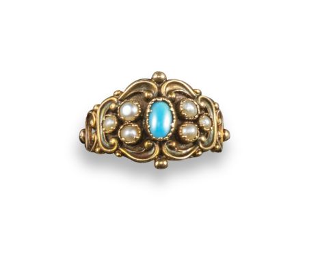 A George III turquoise and seed pearl ring, the oval shaped turquoise cabochon is set within scrolling gold border and seed p