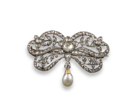 A George III natural pearl and diamond brooch, set overall with graduated rose-cut diamonds in closed-back silver and gold mo