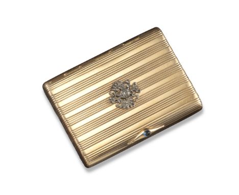 A Russian gold rectangular cigarette case, decorated overall with plain broad stripes alternated with four narrow grooves, th