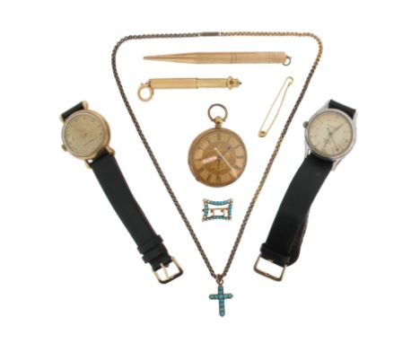 A gentleman's gold wristwatch by Jaeger LeCoultre, two gold propelling pencils, a gold fob watch, a gold stock pin, a seed pe