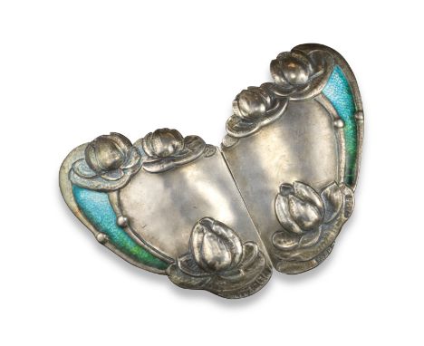 An Arts &amp; Crafts silver and enamel belt buckle by Florence &amp; Louisa Rimmington, of foliate design, maker's mark F&amp