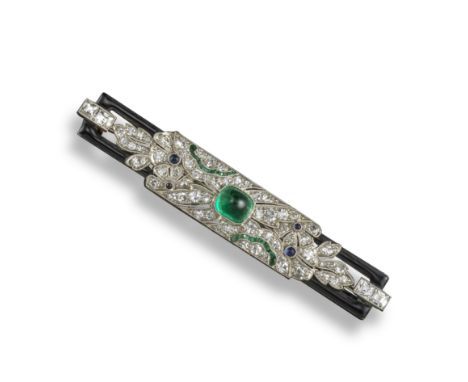 An Art Deco gem-set open foliate bar brooch, c1925, centred with a sugarloaf emerald and millegrain-set with small circular-c