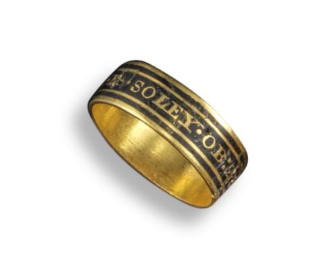 A black enamel mourning ring (damaged), with inscription for Agnes Soley, 23rd Feb 1800, with hallmarks for 1799-1800, size P