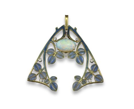 An Art Nouveau opal diamond and plique-à-jour enamel pendant, the solid white cabochon opal is set within blue enamel scrolli