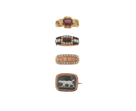 A 19th century coral and seed pearl gold ring, the row of square-shaped coral cabochons set within a surround of seed pearls,