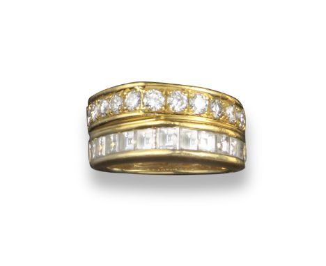 A two-row diamond-set yellow gold half-hoop ring, one row channel-set with graduated square-shaped diamonds, the other row wi