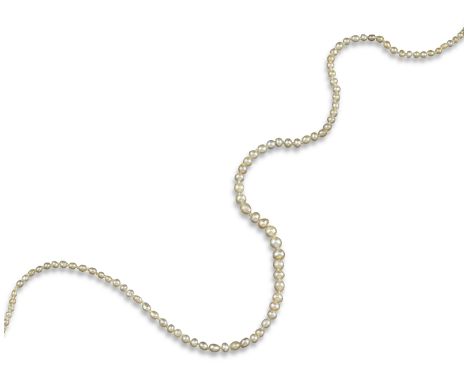 A single-row natural pearl necklace, the pearls graduate from 2.3 - 5.3mm approximately, with a silver and gold white stone-s