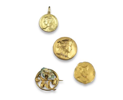 A French Art Nouveau gold pendant by Louis Rault, the nymph wearing a diamond-set collar in yellow gold, with two other Art N