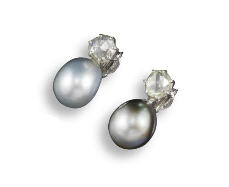 A pair of natural pearl and diamond earrings, the light and dark grey pearls suspend above rose-cut diamonds in white gold, p