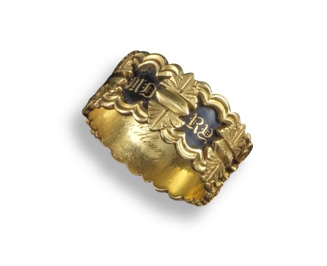 A mid 19th century gold mourning ring, the black enamel quatrefoil sections decorated with 'In Memory Of' within engraved gol