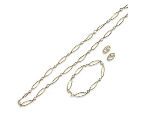 A pair of cultured pearl and gold earrings by John Donald, signed with maker's mark and London hallmarks for 18ct, 1987, post