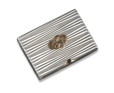 Fabergé - A silver and gem-set cigarette case, workmaster Henrik Wigström, the graduated reeded silver rectangular case with 