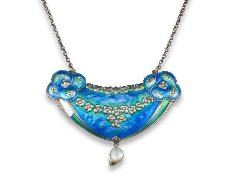 A silver and enamel pendant attributed to Jessie M King, for Liberty, c1900, enamelled in blue and green #(damaged) on an emb