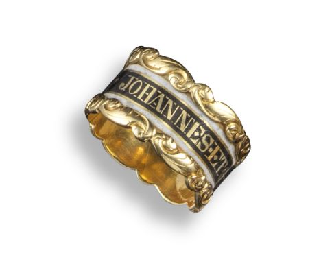 A Victorian gold mourning ring, centred with black enamel and gold inscription line within white enamel border and scrolling 