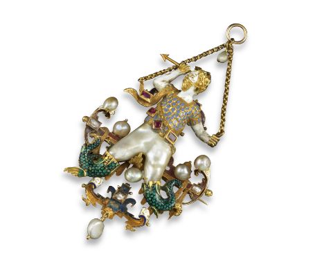 A 19th century Renaissance revival gold pendant brooch, depicting Porphyrion, King of the Greek Gigantes, with the arrow of A