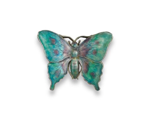 A silver gilt and enamel butterfly brooch by Child &amp; Child, c1905, the wings finely engraved with veins and decorated wit