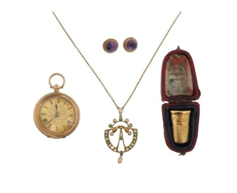 A lady's 18ct gold fob watch, a pair of amethyst cabochon and gold ear studs, a gold thimble and an early 20th century demant