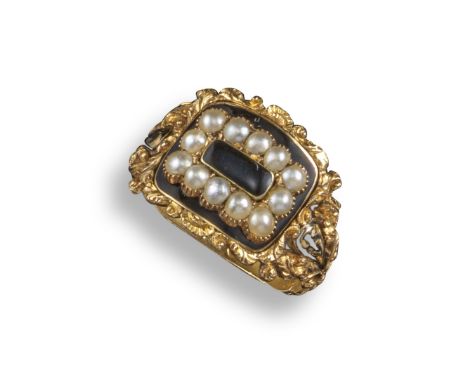 A George IV seed pearl and enamel gold mourning ring, the rectangular centre section set with seed pearls on black enamel gro