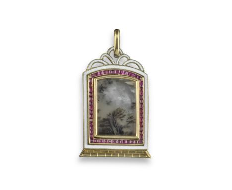 An early 20th century rectangular dendritic agate-mounted pendant, the agate with natural stylised landscape with trees and a
