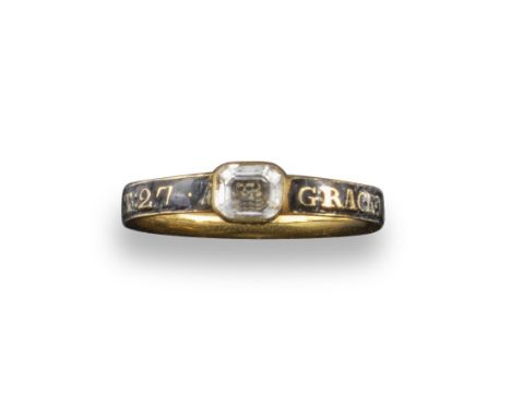 A George I gold memorial ring, centred with a skull under a faceted crystal and with black enamel decoration, with the inscri