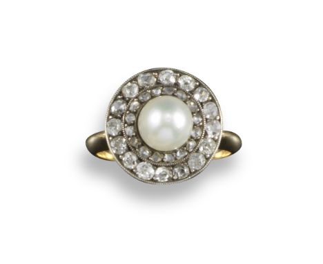 A natural pearl and diamond cluster ring, the natural pearl is set within a surround of rose-cut diamonds and a further surro